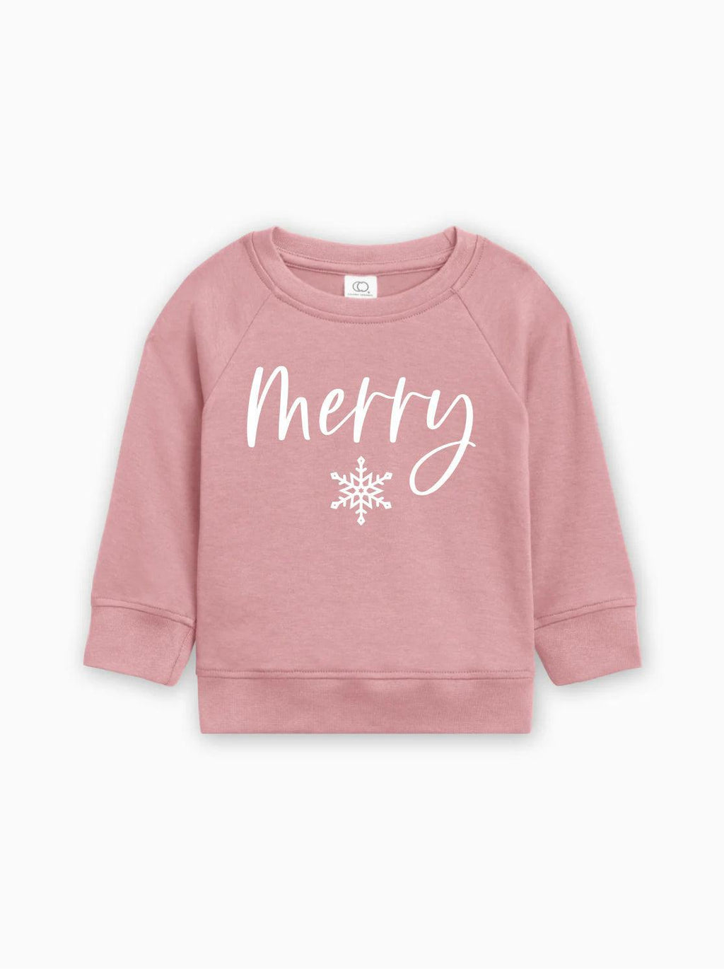 Pink organic cotton baby pullover with 'Merry' script and white snowflake graphic
