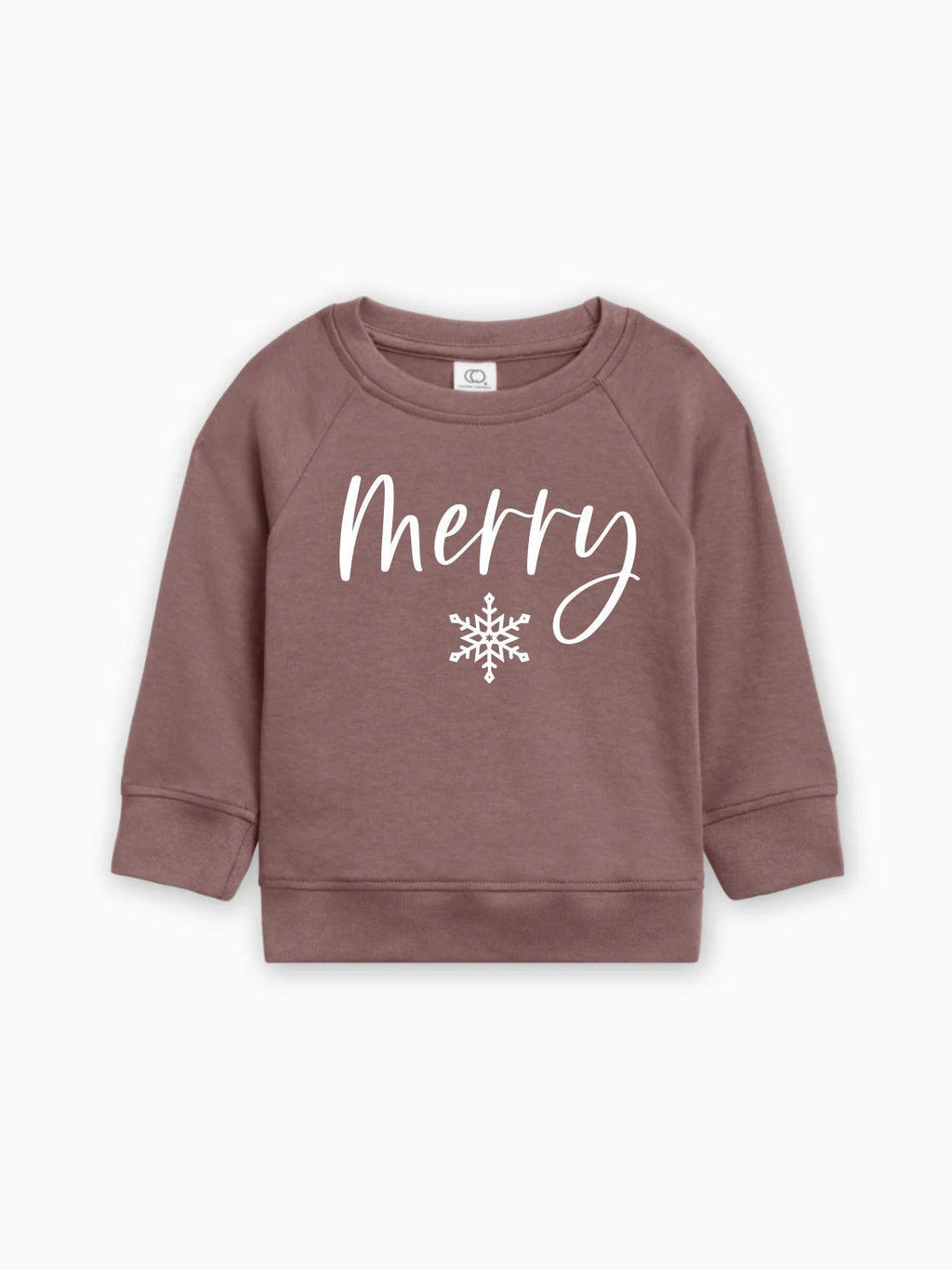 Brown organic cotton baby pullover with 'Merry' script and white snowflake graphic