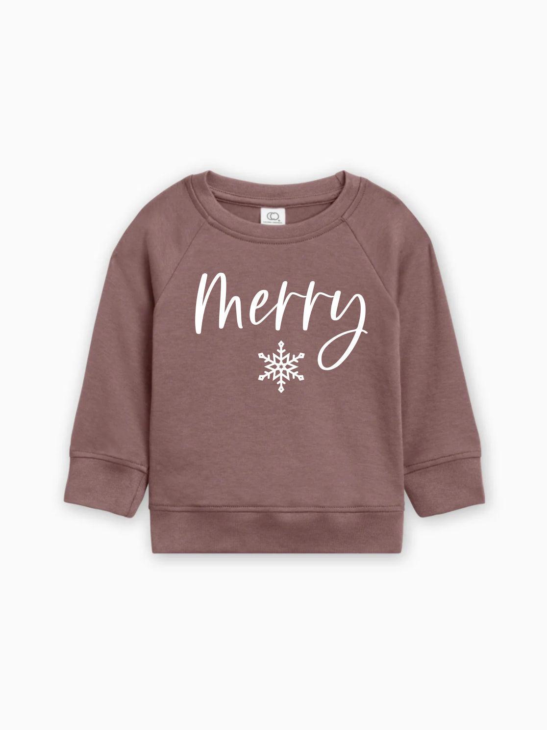 Brown organic cotton baby pullover with 'Merry' script and white snowflake graphic