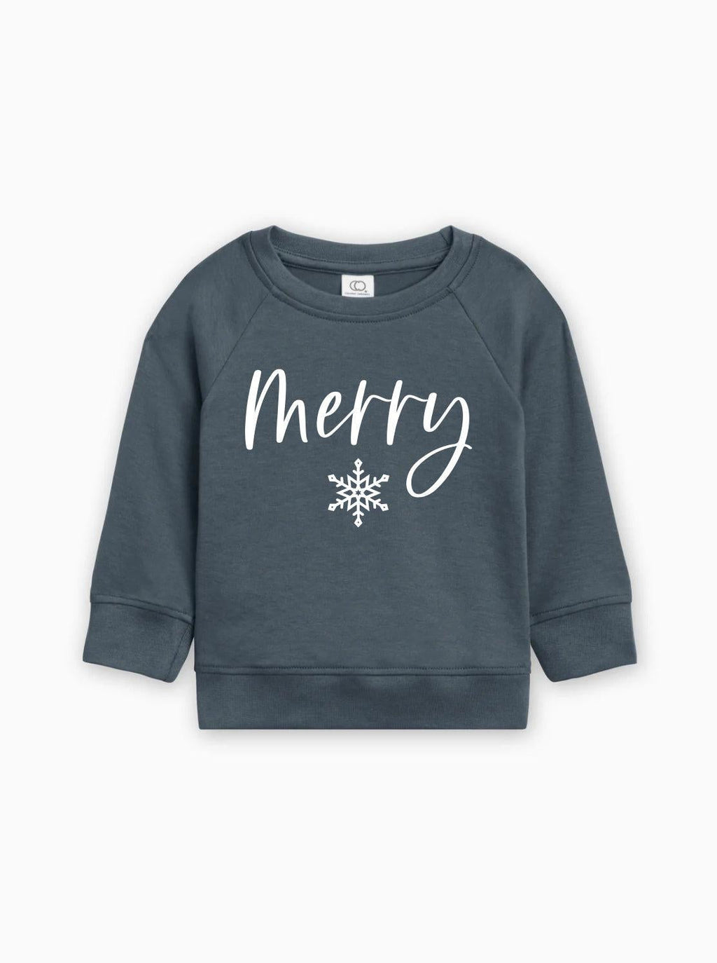 Blue organic cotton baby pullover with 'Merry' script and white snowflake graphic