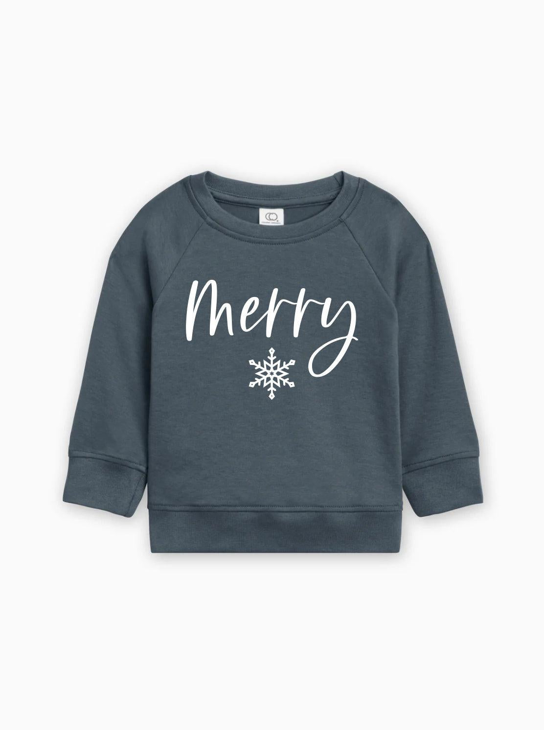 Blue organic cotton baby pullover with 'Merry' script and white snowflake graphic