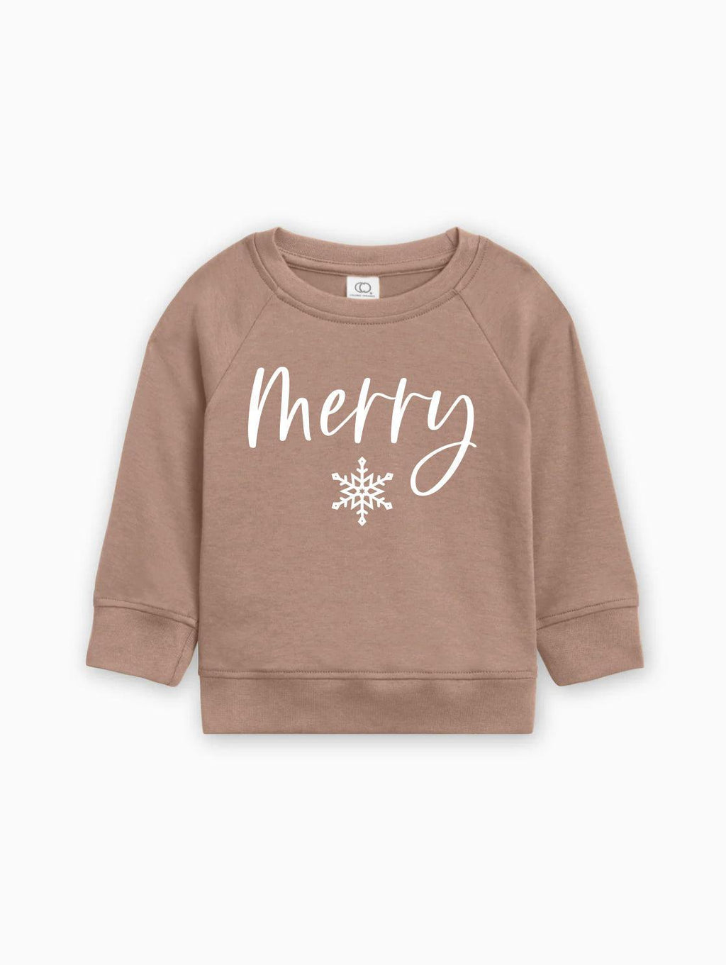 Light brown organic cotton baby pullover with 'Merry' script and white snowflake graphic