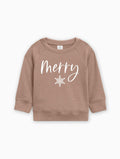 Light brown organic cotton baby pullover with 'Merry' script and white snowflake graphic