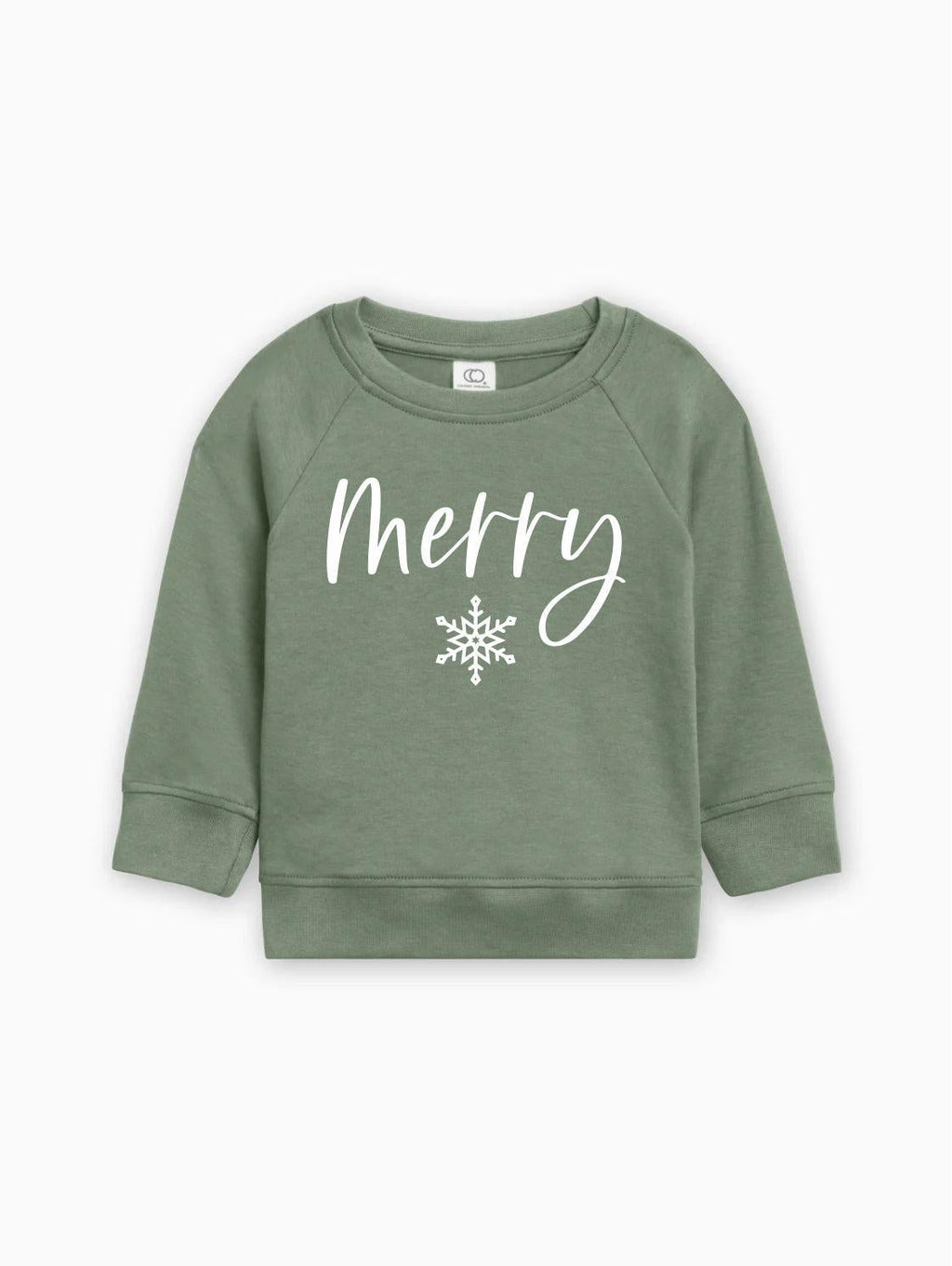 Green organic cotton baby pullover with 'Merry' script and white snowflake graphic