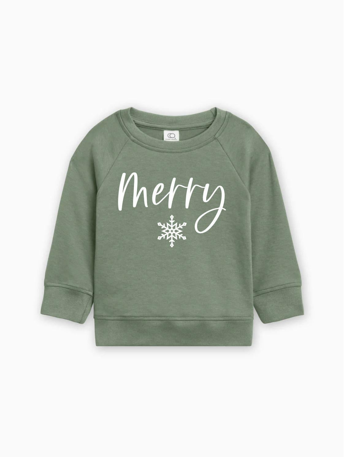 Green organic cotton baby pullover with 'Merry' script and white snowflake graphic