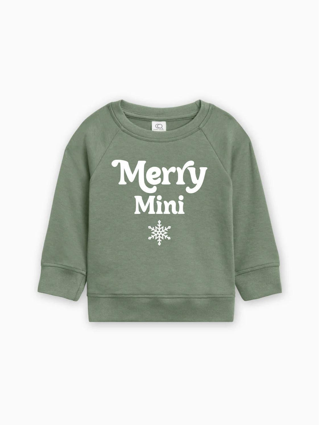 Green baby pullover sweatshirt with “Merry Mini” lettering and snowflake print