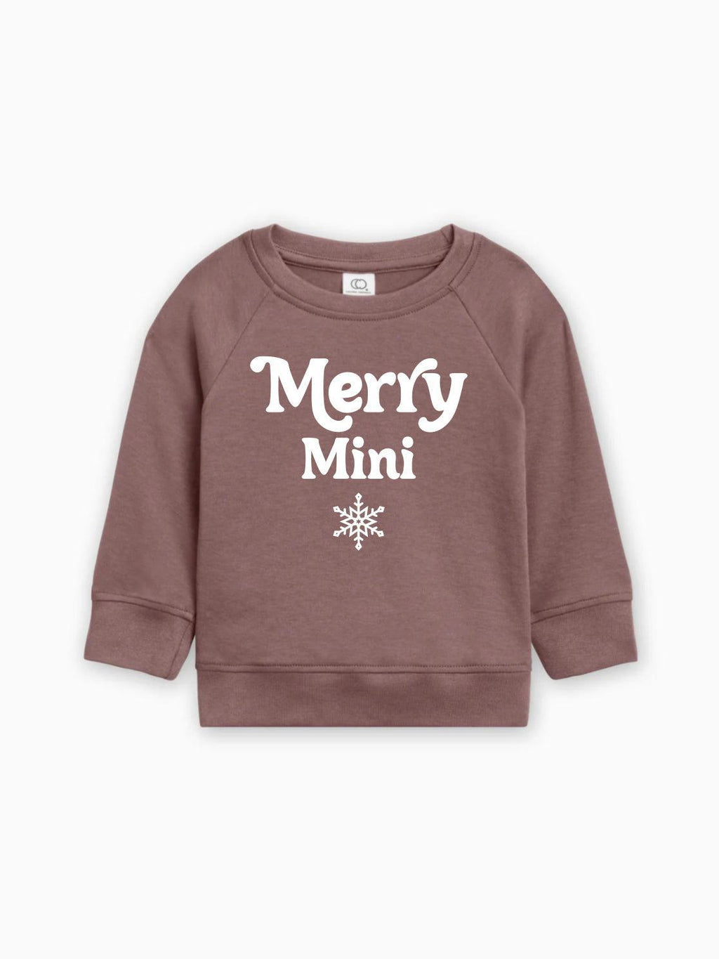 Brown baby pullover sweatshirt with “Merry Mini” text and snowflake graphic