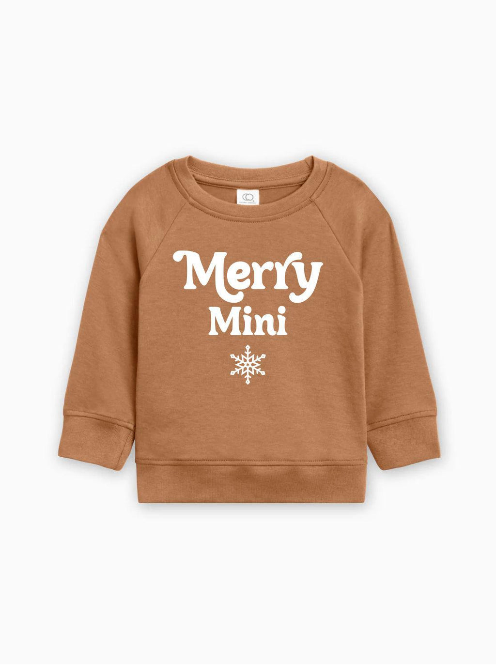 Navy baby pullover sweatshirt with “Merry Mini” text and snowflake graphic