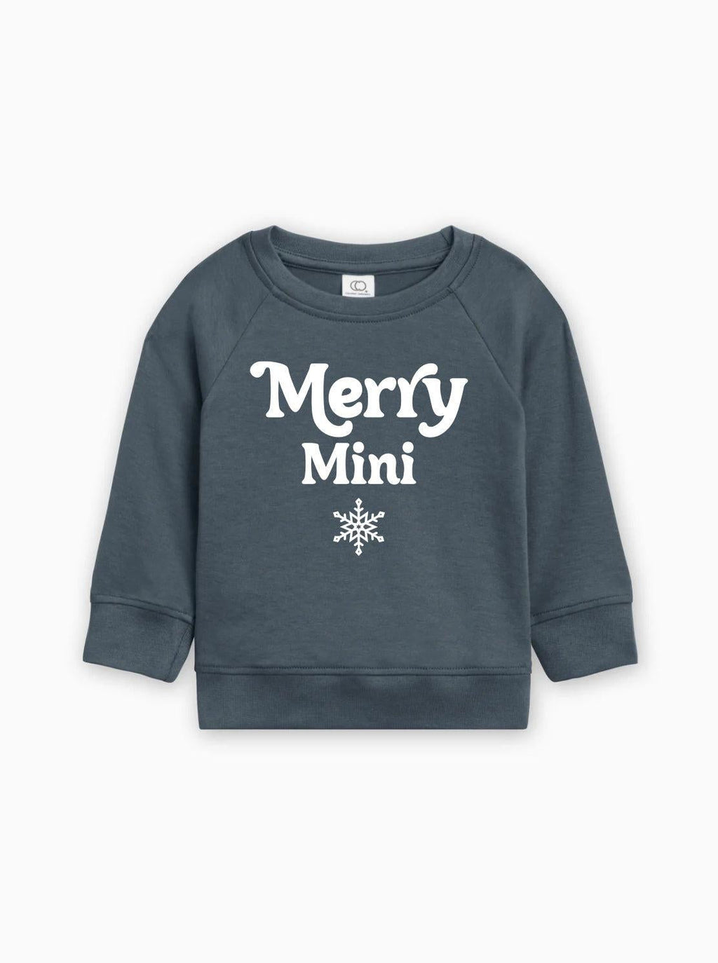 Rose pink baby pullover sweatshirt with “Merry Mini” text and snowflake graphic