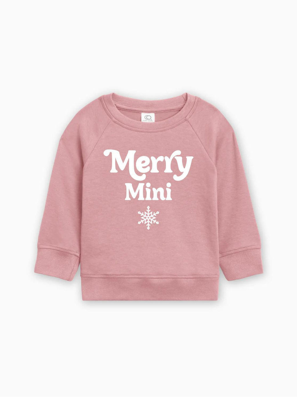 Light pink baby pullover sweatshirt with “Merry Mini” lettering and snowflake print