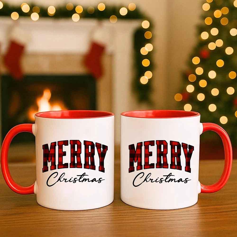 Two white Christmas coffee mugs with red "MERRY" and "Christmas" text.