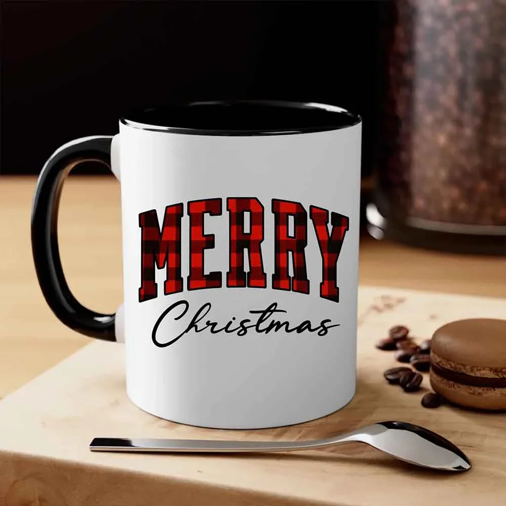 Two-tone Christmas coffee mug with black handle, red "MERRY" and "Christmas" text.