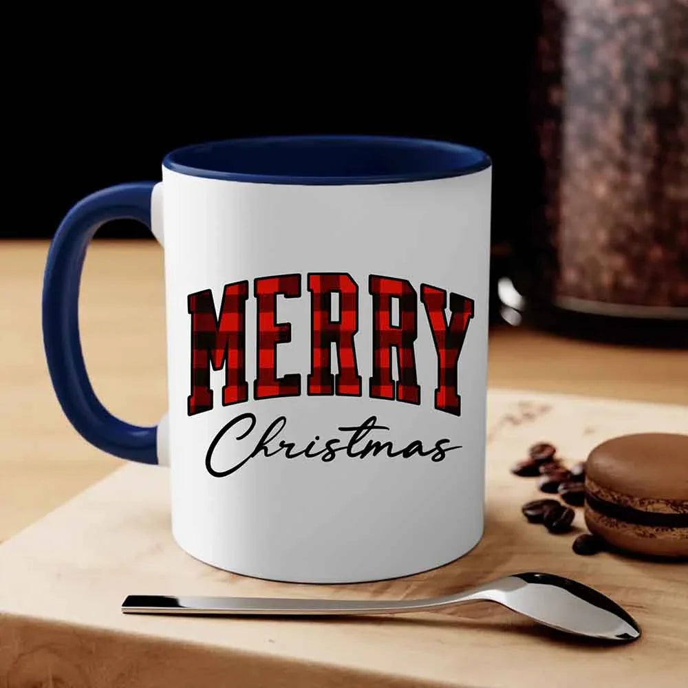 Two-tone Christmas coffee mug with blue handle and rim, red "MERRY" "Christmas".