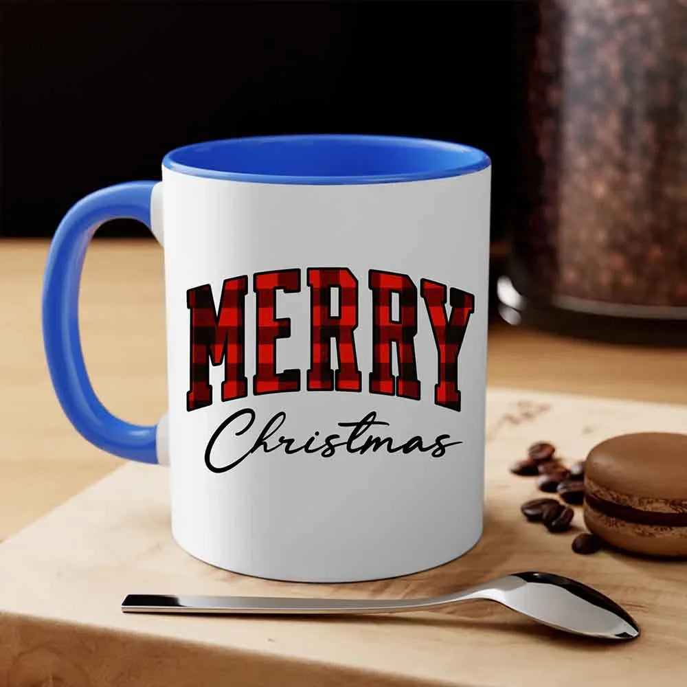 Two-tone Christmas coffee mug with blue handle and rim, red "MERRY" "Christmas".