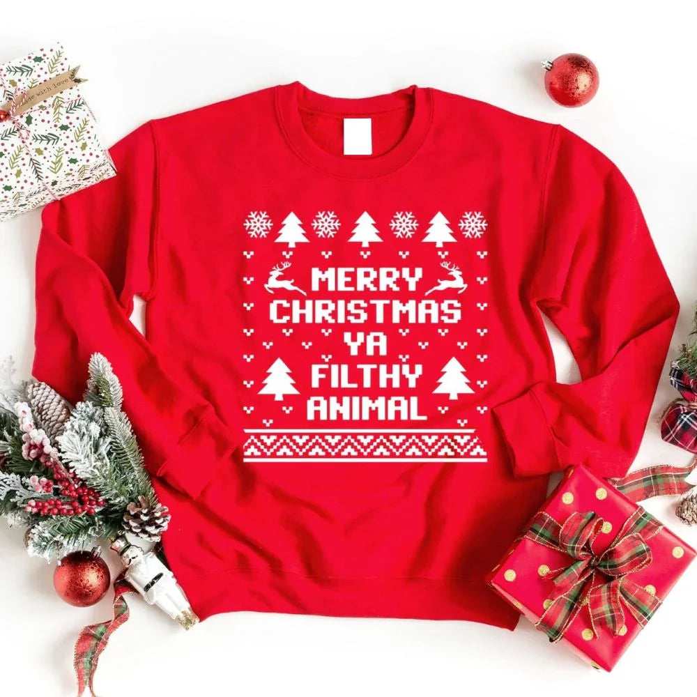 Red sweatshirt with white holiday typography and pine tree icons, crewneck, long sleeves