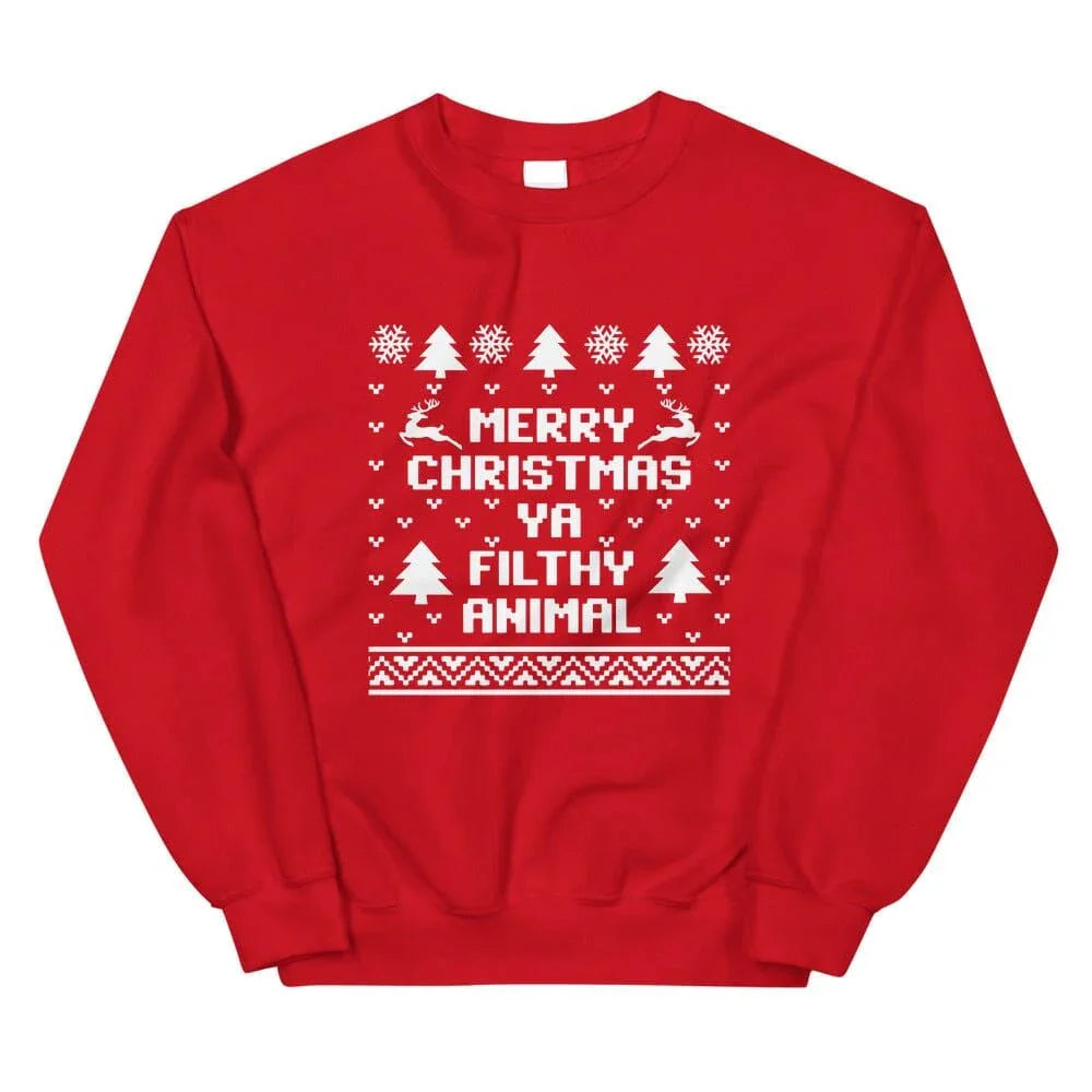 Red crewneck sweatshirt with centered holiday graphic and repeating winter tree motif