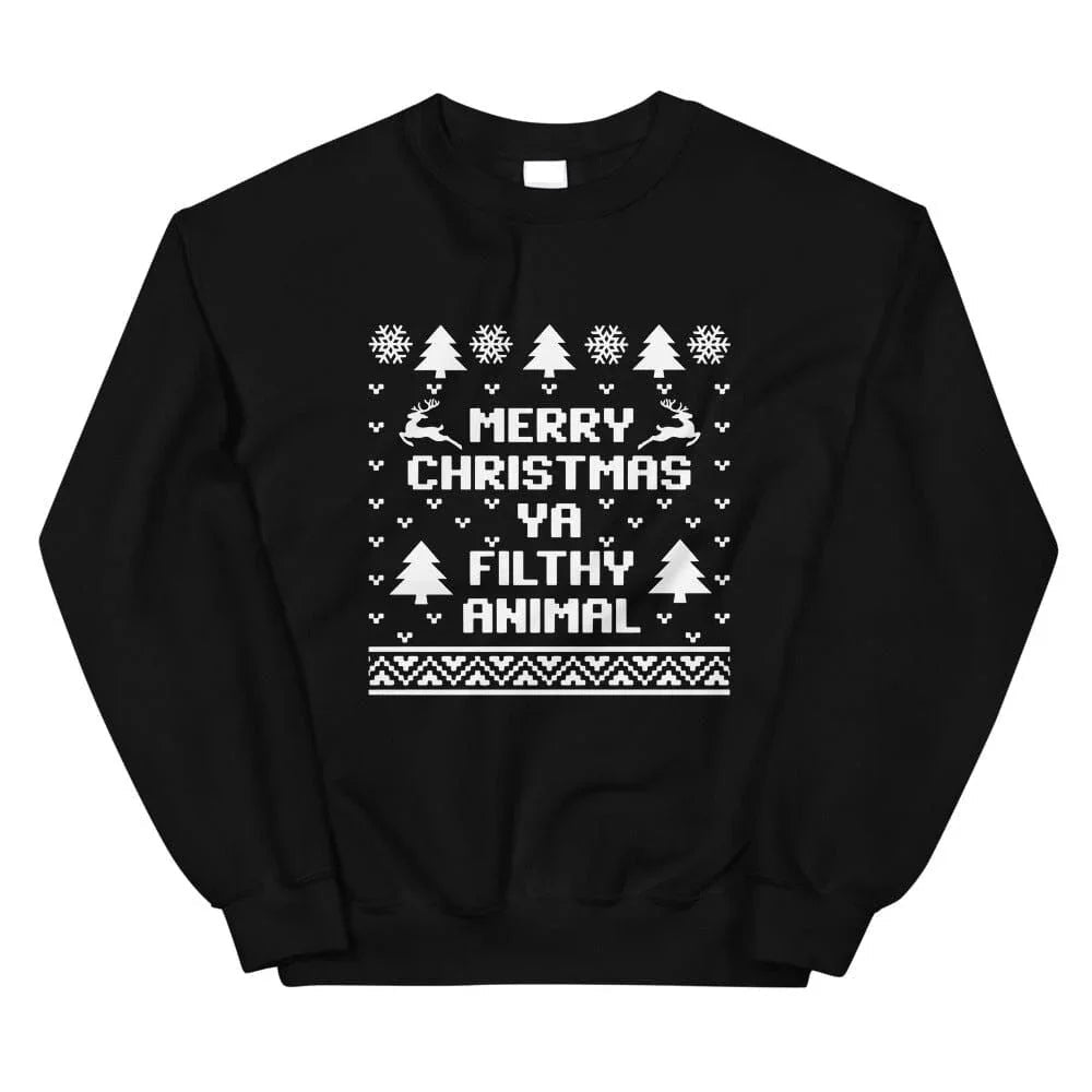 Black crewneck sweatshirt with central holiday graphic and repeating tree patterns