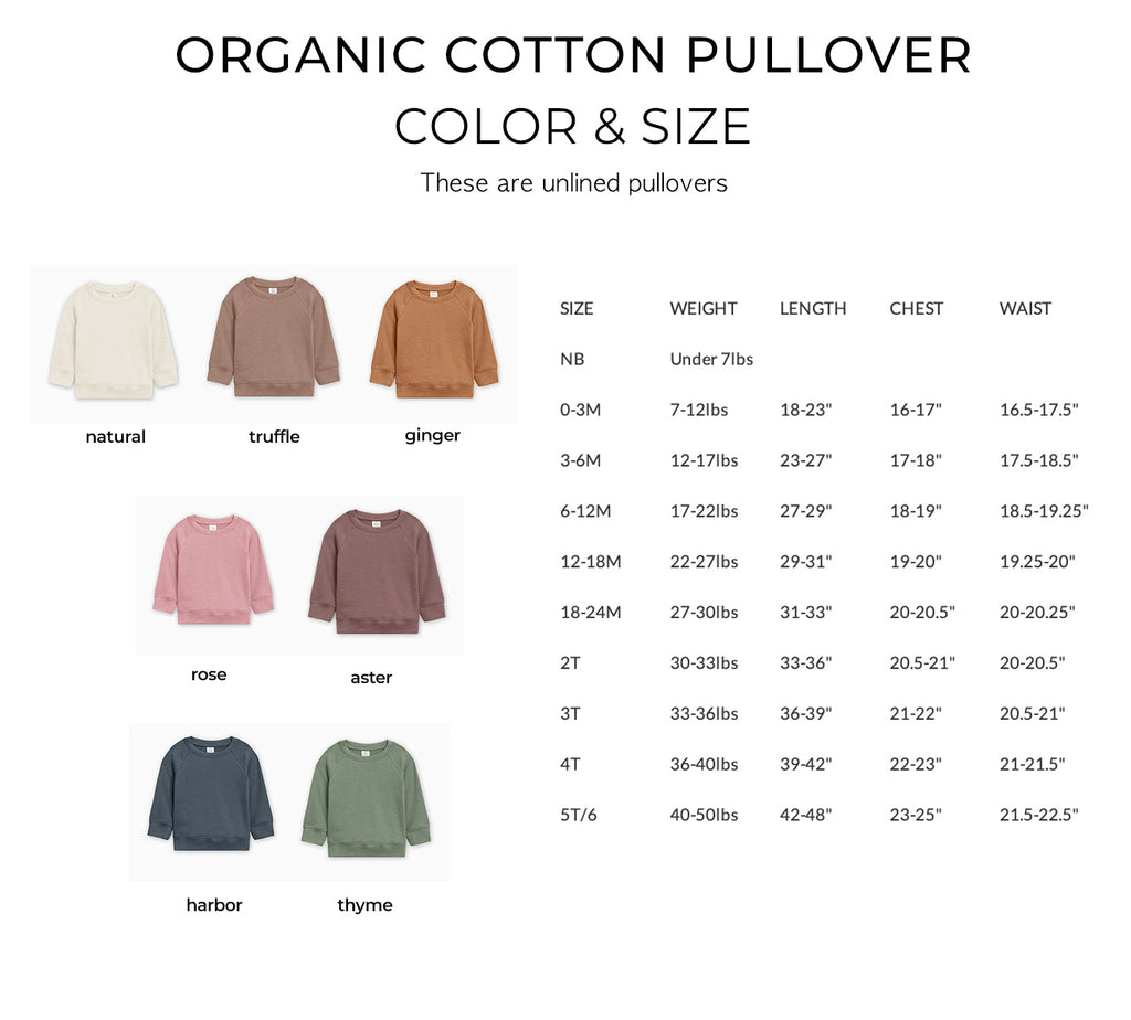 Organic cotton pullover color and size chart with size labels and measurement table