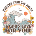 UV DTF decal with ocean waves, orange sun, floral wreath, and bold curved lettering