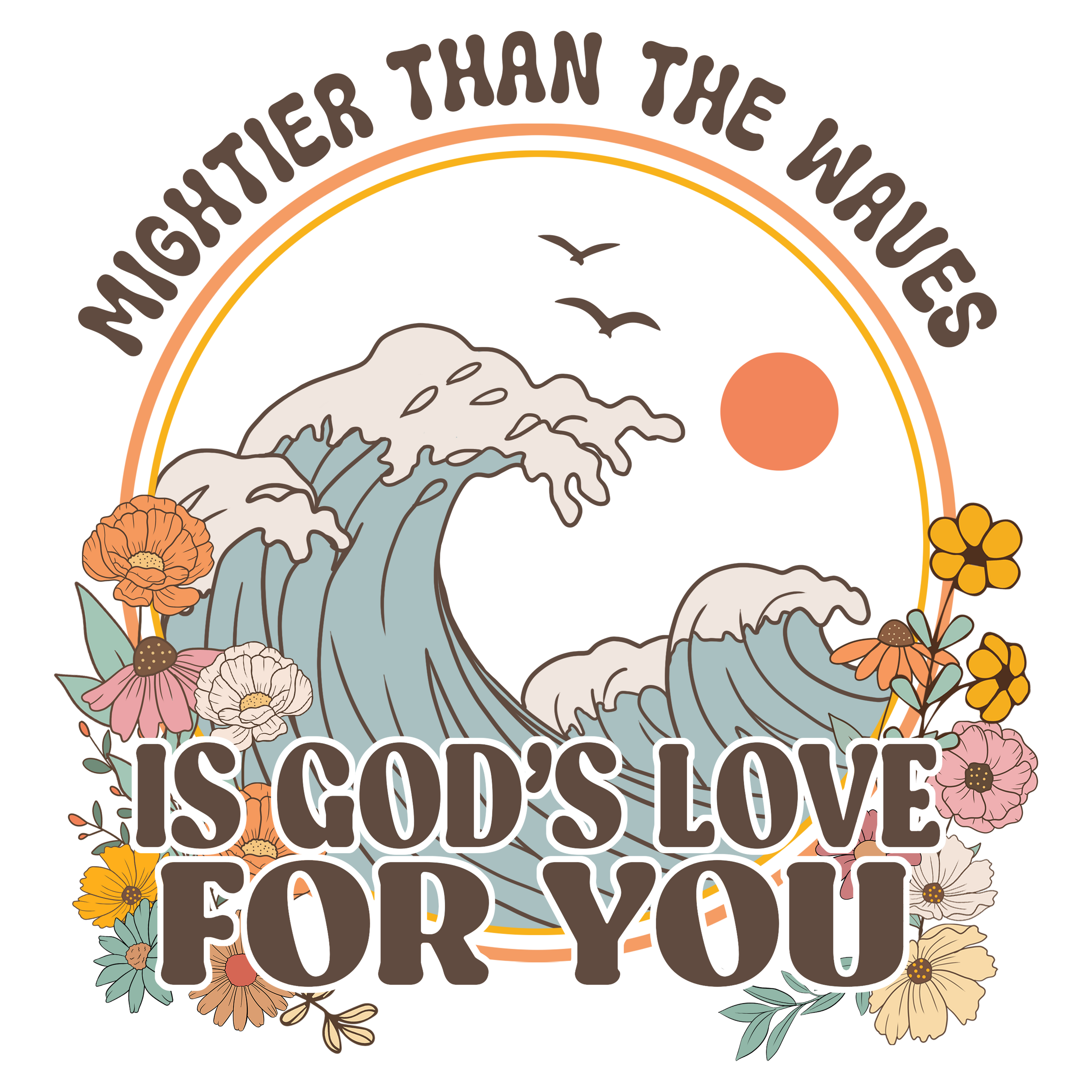 UV DTF decal with ocean waves, orange sun, floral wreath, and bold curved lettering