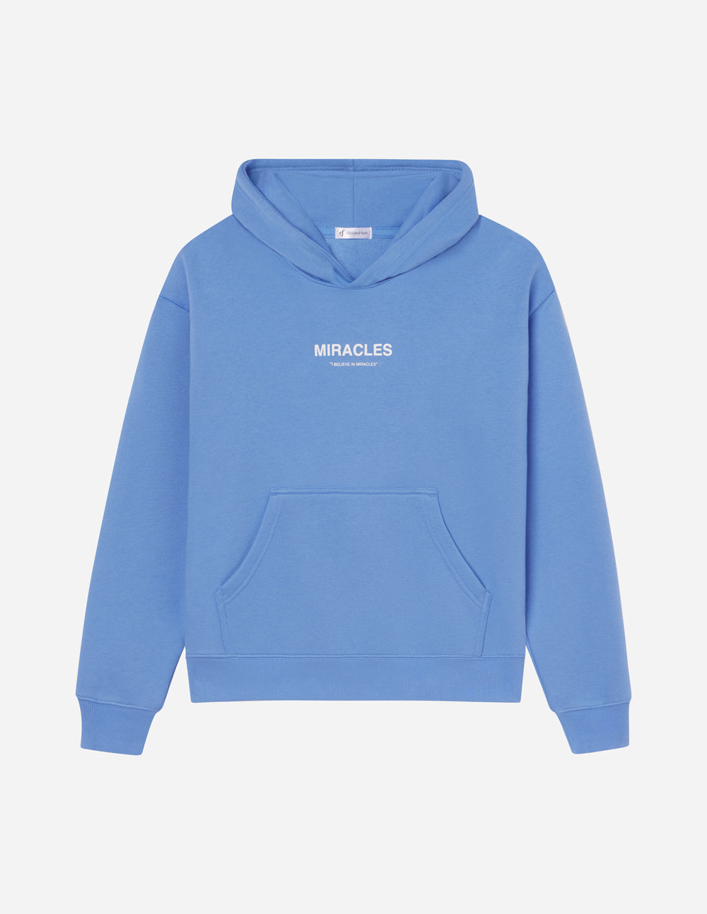 Light blue unisex hoodie with hood, MIRACLES logo, and kangaroo pocket