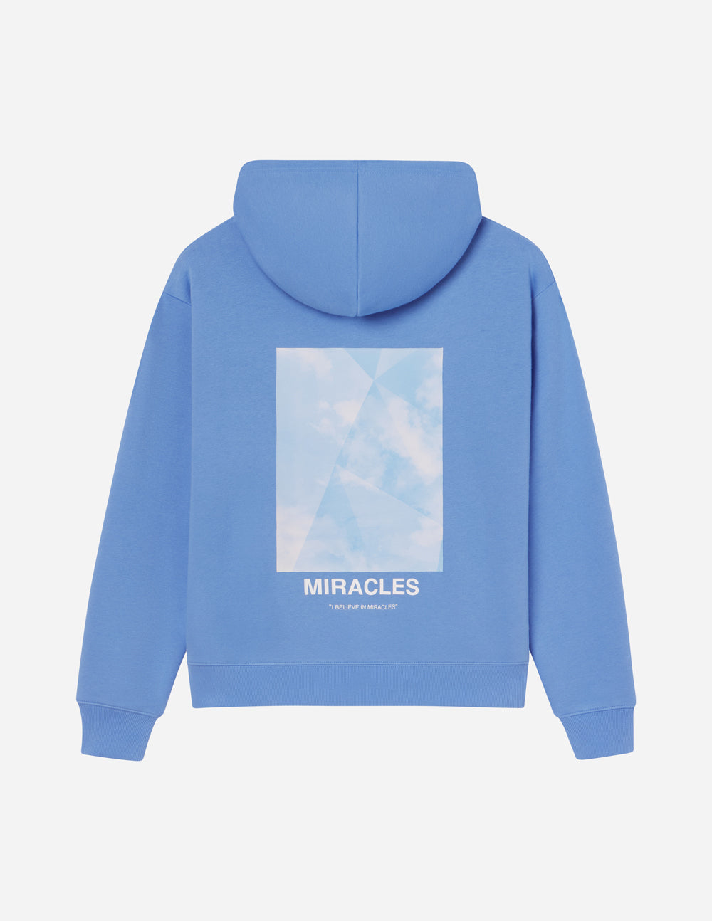 Light blue unisex hoodie back with hood and square MIRACLES graphic