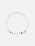Beaded letter bracelet with pink and white beads spelling “MIRACLES”.
