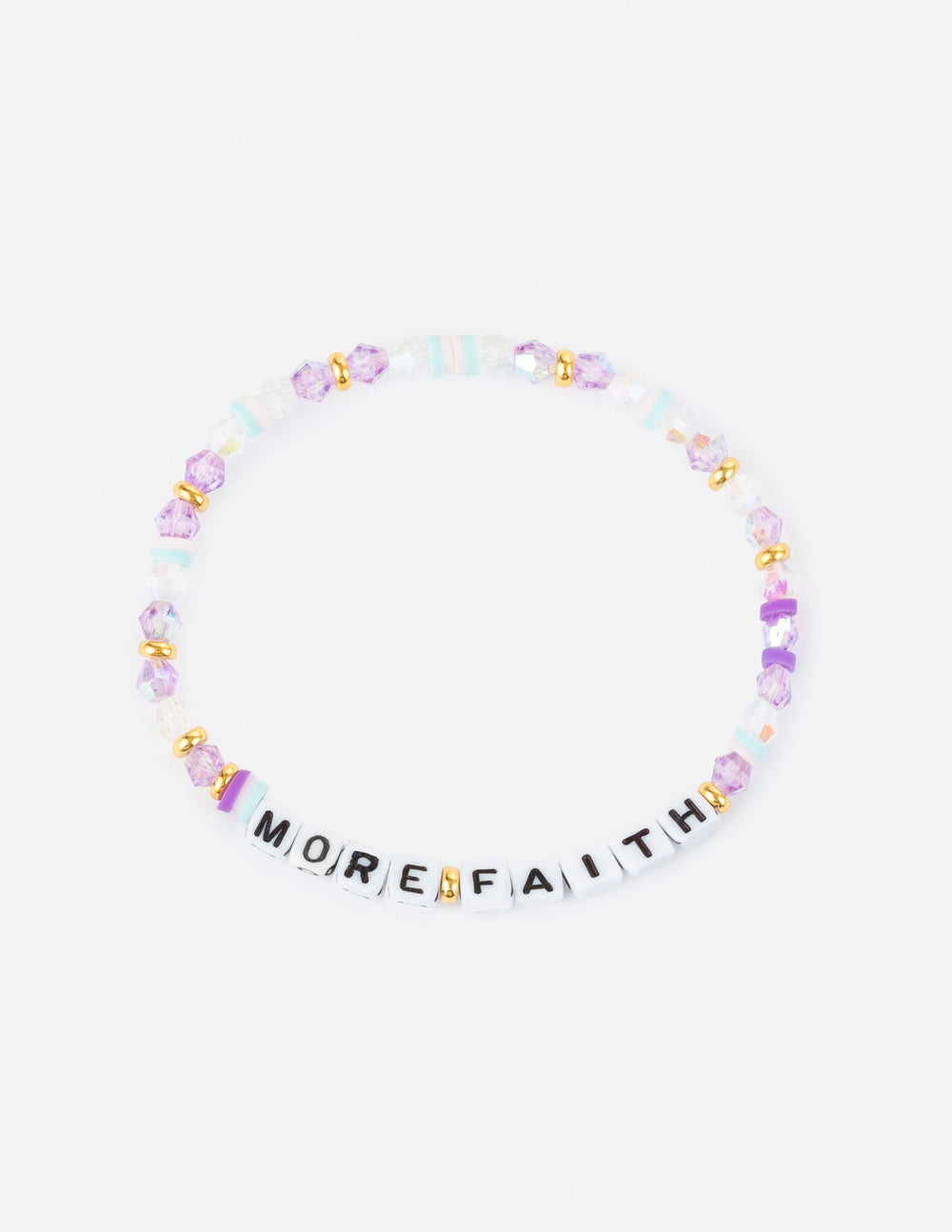Beaded letter bracelet with multicolor beads and white text strip reading MORE FAITH