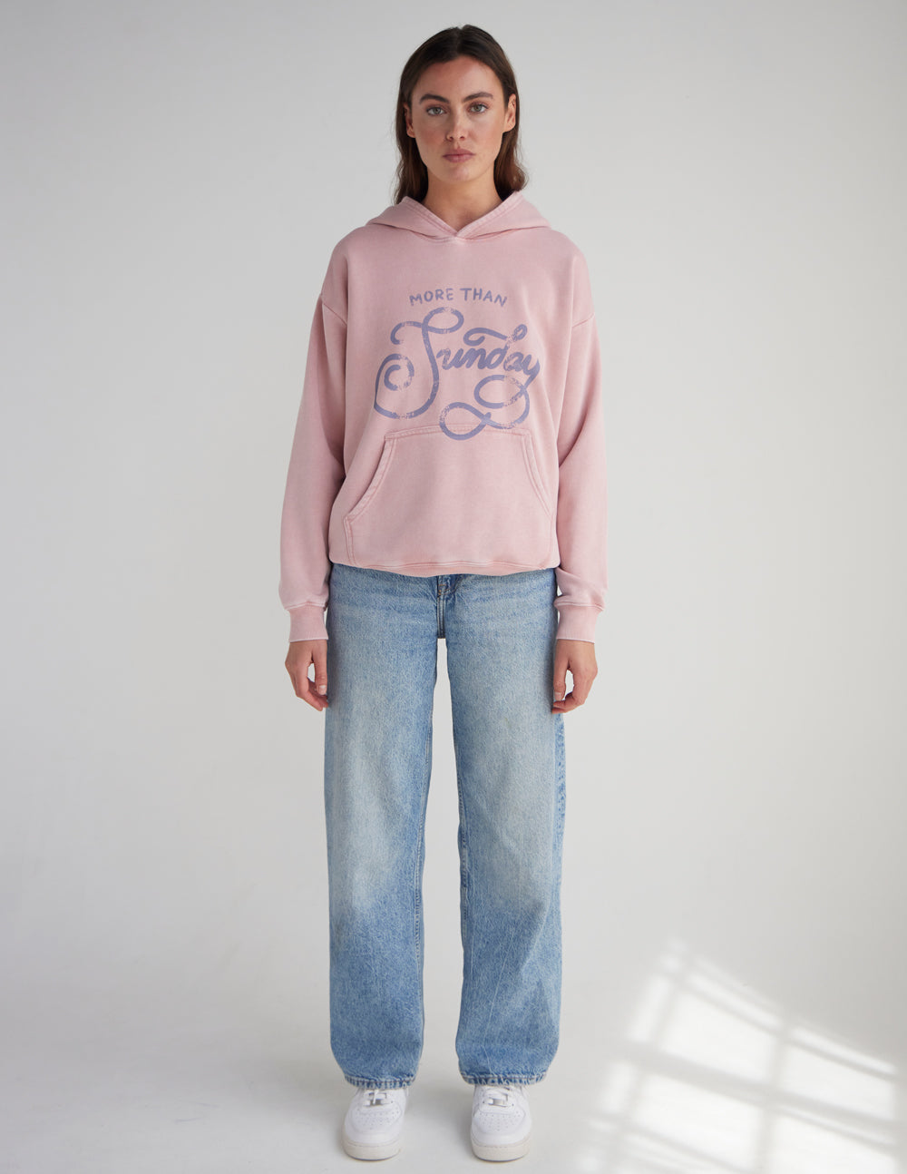 Unisex pink hoodie with hood and front graphic print, long sleeves