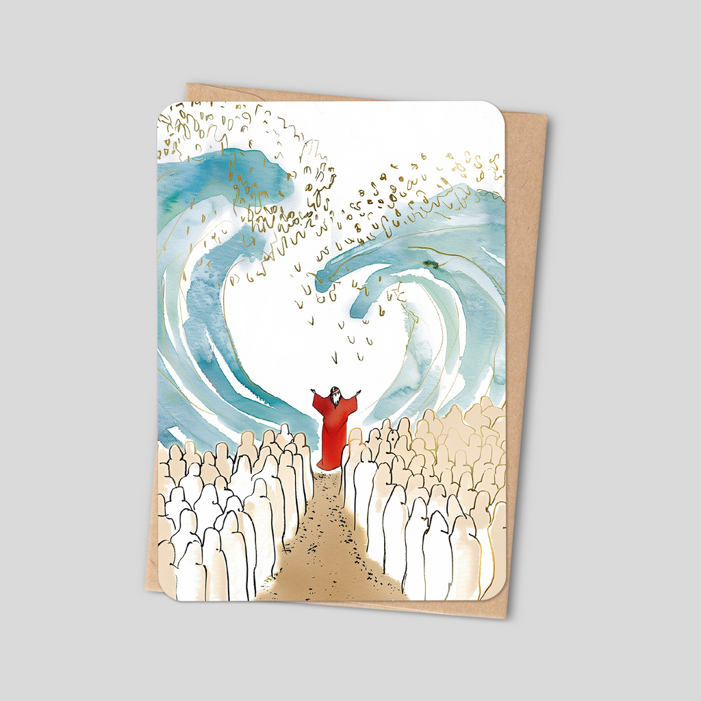 Christian greeting card with watercolor scene of parted sea and red-clad figure