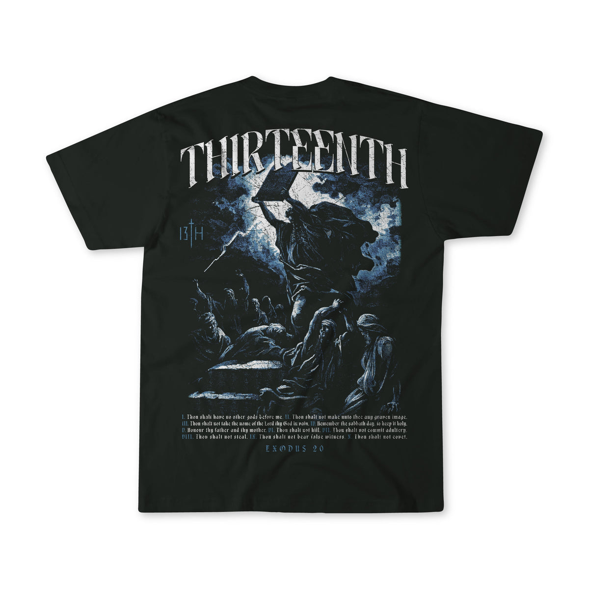 Black T-shirt with blue back graphic illustration and THIRTEENTH print