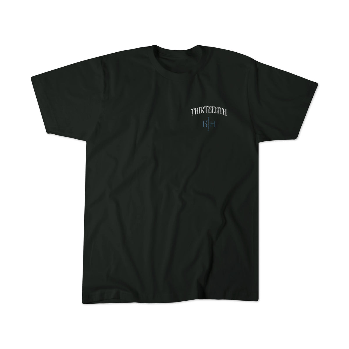 Black T-shirt with small white THIRTEENTH 13TH chest logo, plain front