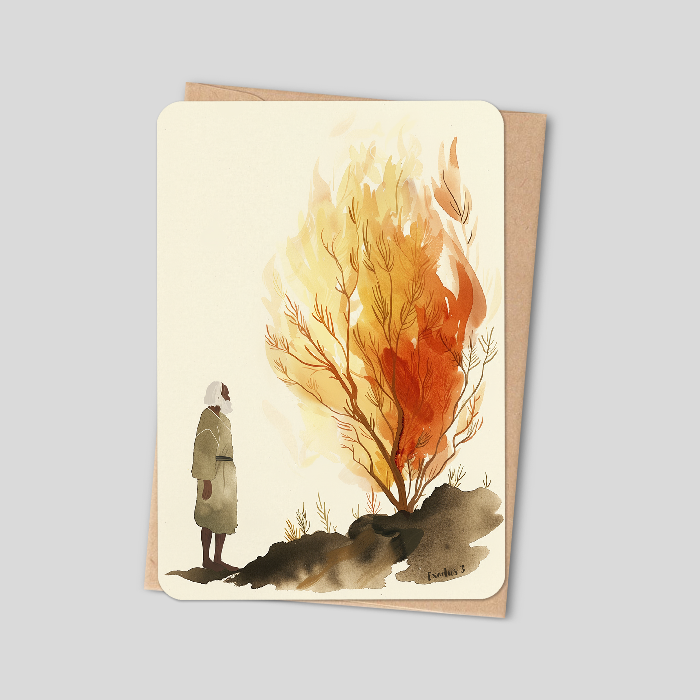 Christian greeting card with burning bush illustration and standing figure on cream cover