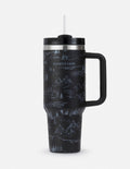 40 oz tumbler with black mountain pattern, black lid and drinking straw, side handle