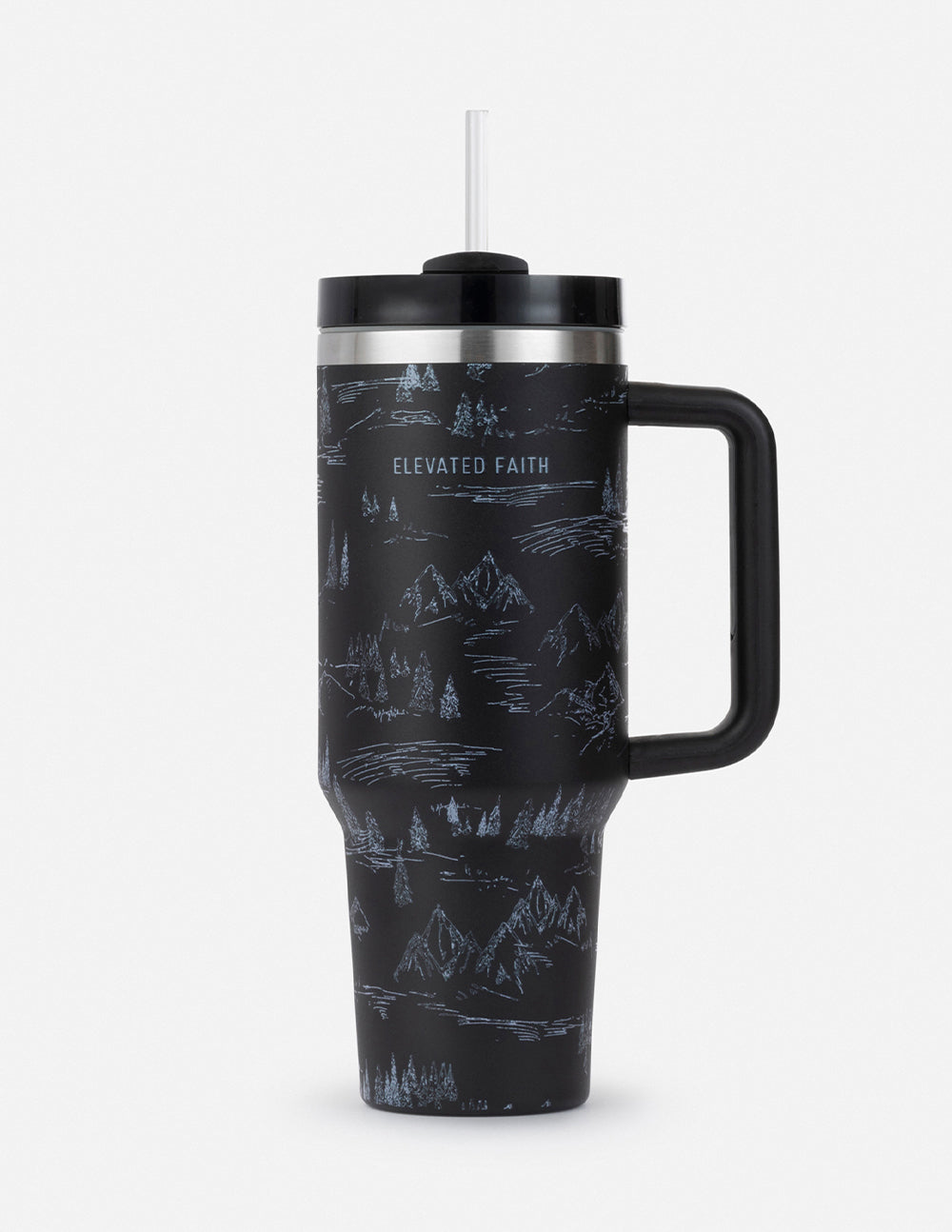 40 oz tumbler with black mountain pattern, black lid and drinking straw, side handle