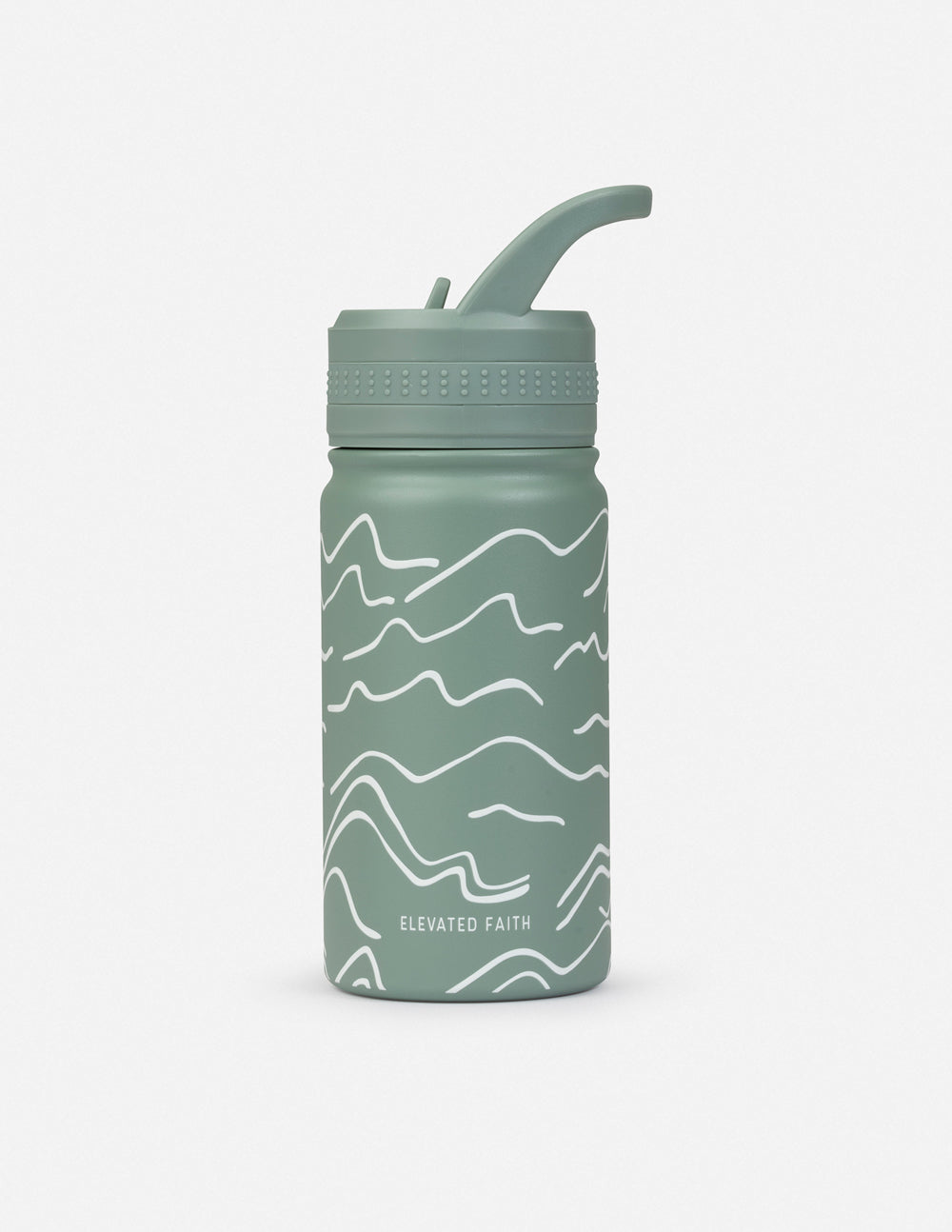 Kids water bottle standing, sage green with white wave mountainscape design