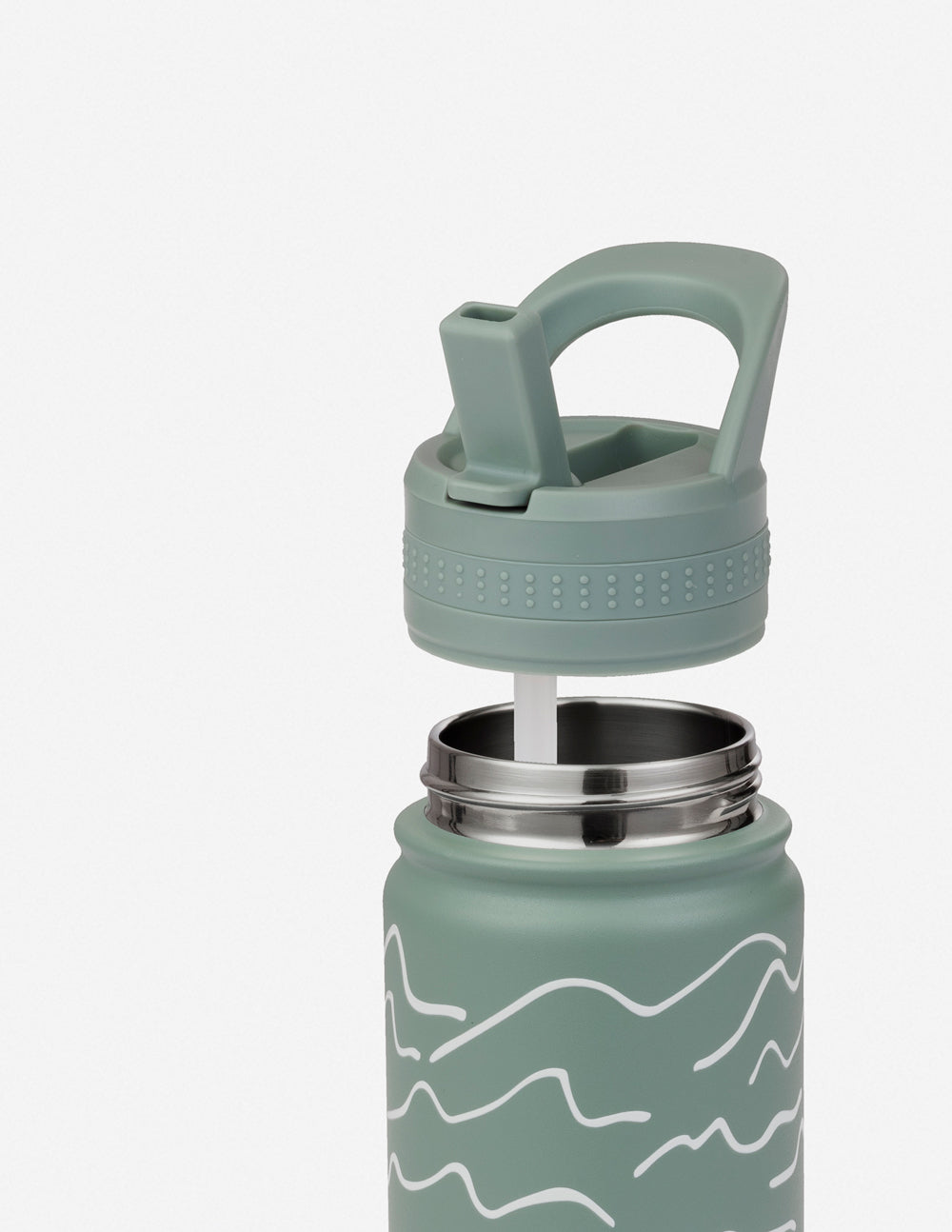 Sage green kids water bottle with stainless steel interior and flip spout lid