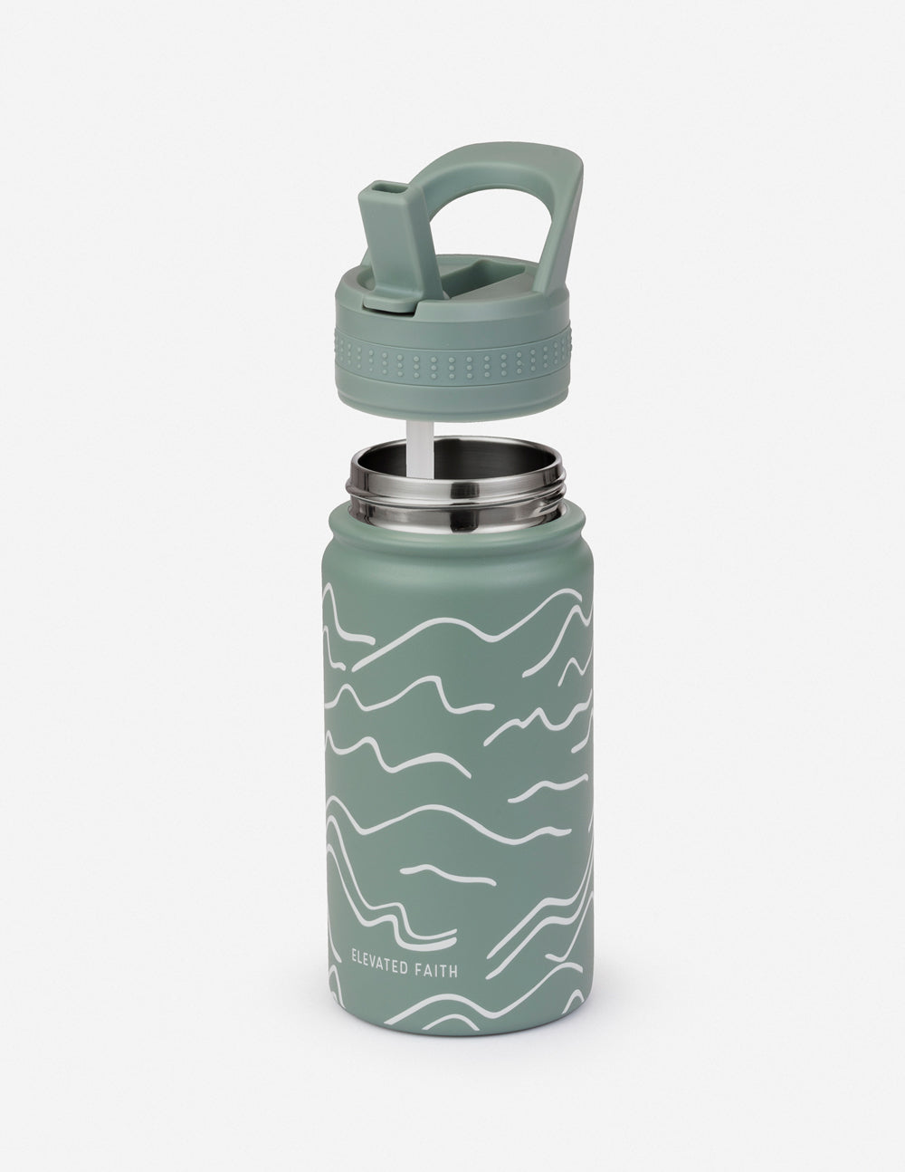Kids water bottle, sage green with white wave print and carry handle cap