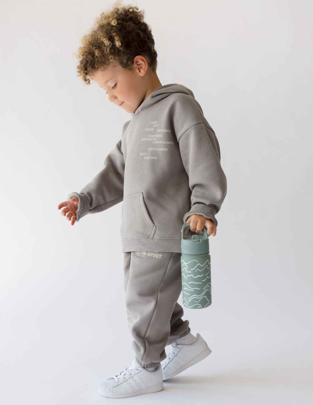 Kids water bottle with mountainscape wave print, sage green, flip spout cap