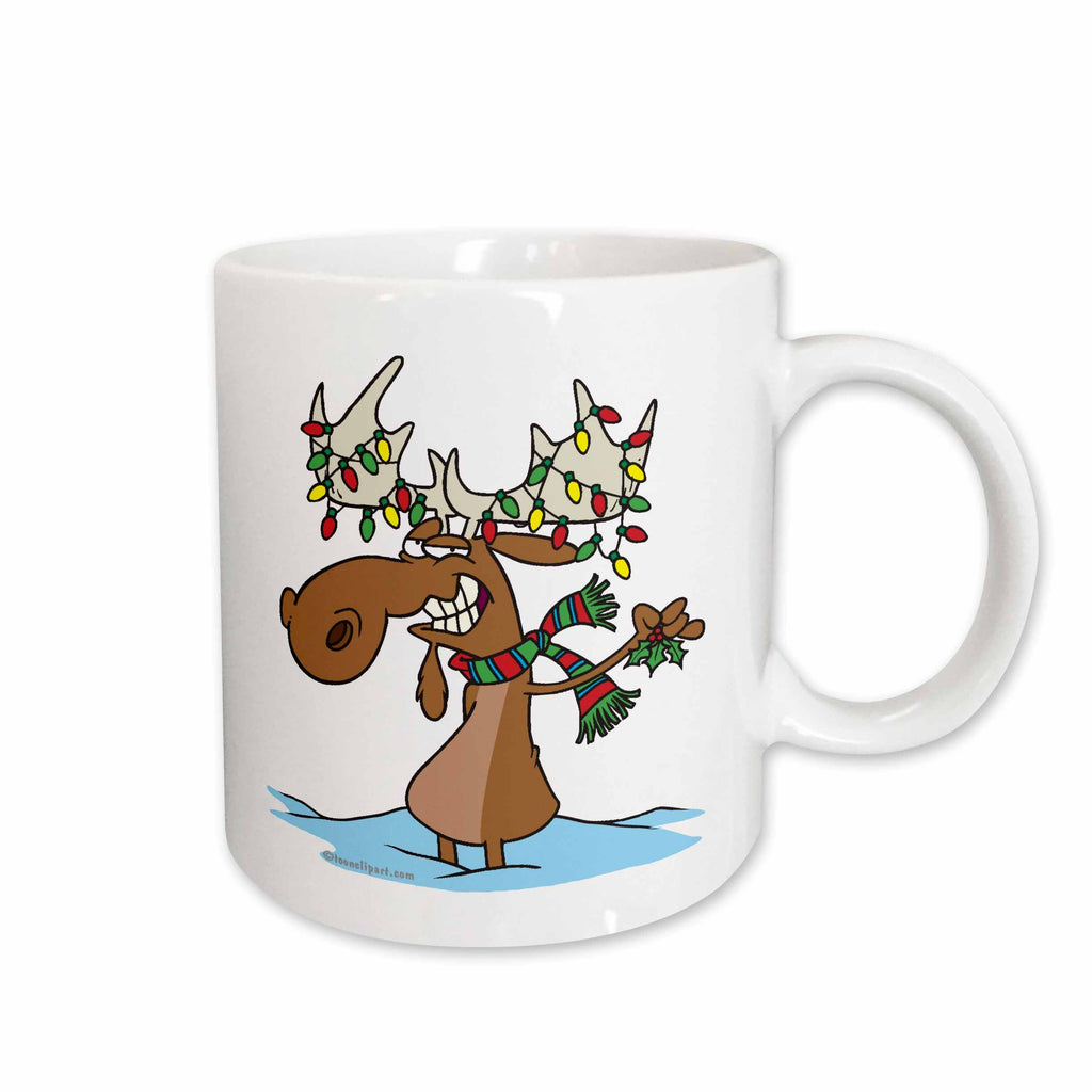White ceramic mug with cartoon moose holding Christmas lights and greenery