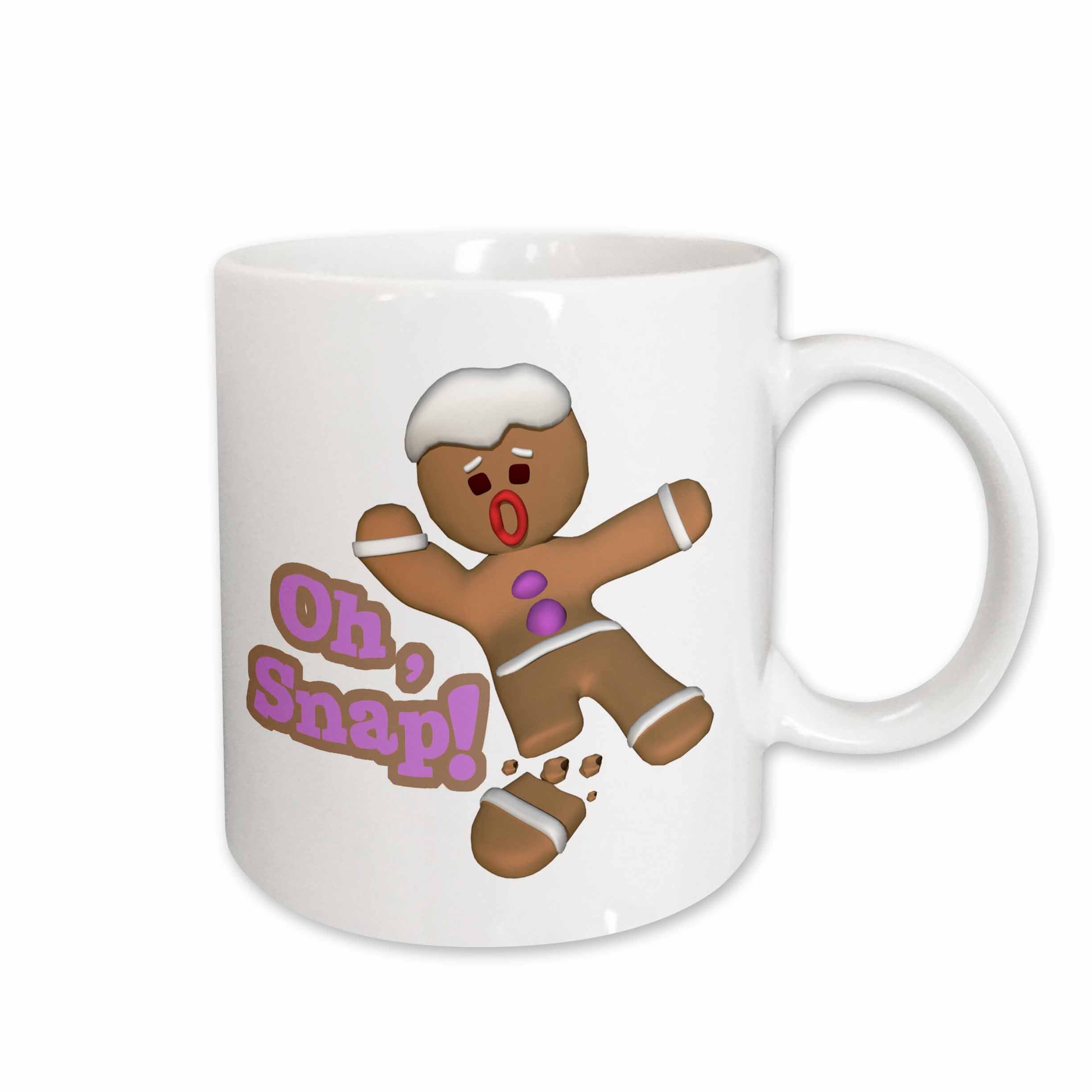 White ceramic mug featuring a gingerbread character and “Oh Snap!” text
