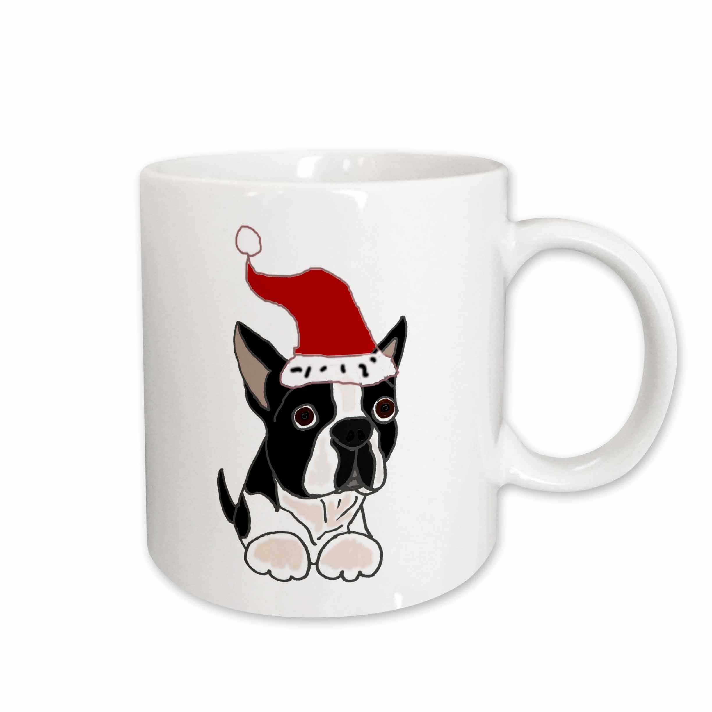 White mug with Boston terrier in red Santa hat graphic