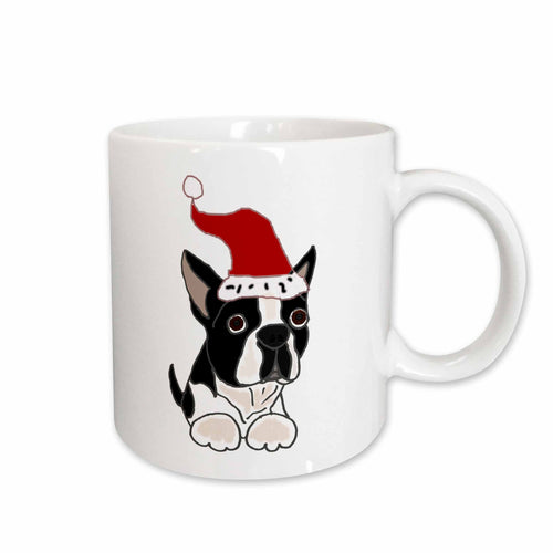 White mug with Boston terrier in red Santa hat graphic