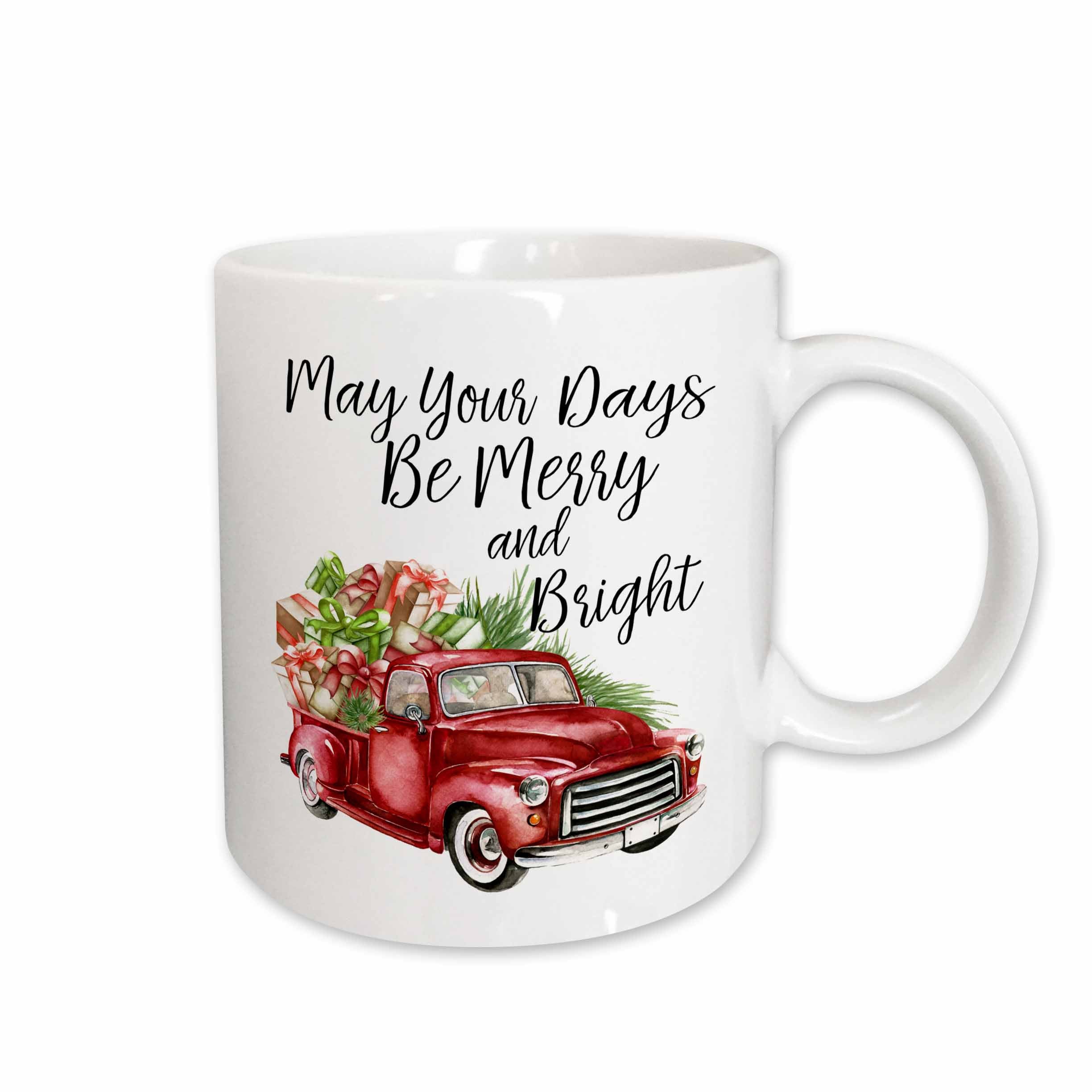 White ceramic Christmas mug with red truck and 'May your days be Merry and Bright' text