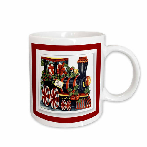White Christmas train mug with festive train illustration and red border frame