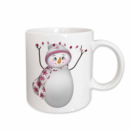 White ceramic mug with smiling snowman and pink bulb lights, white handle
