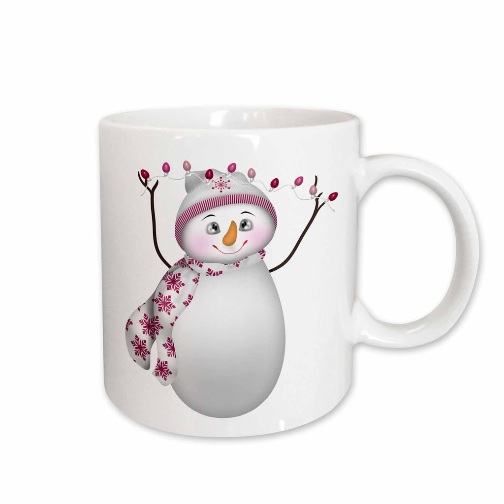 White ceramic mug featuring a snowman with a pink knit hat and bulb lights
