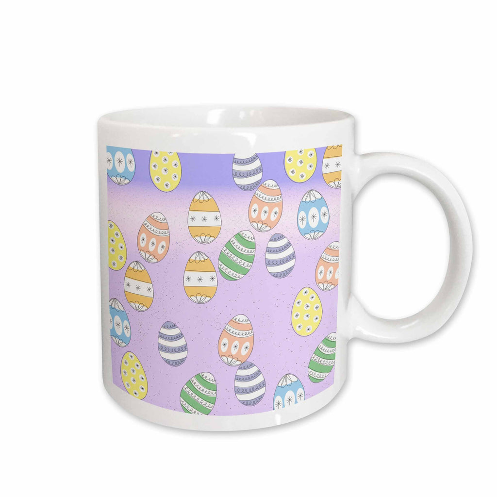 Ceramic mug with Easter egg print and white handle, pastel purple egg pattern