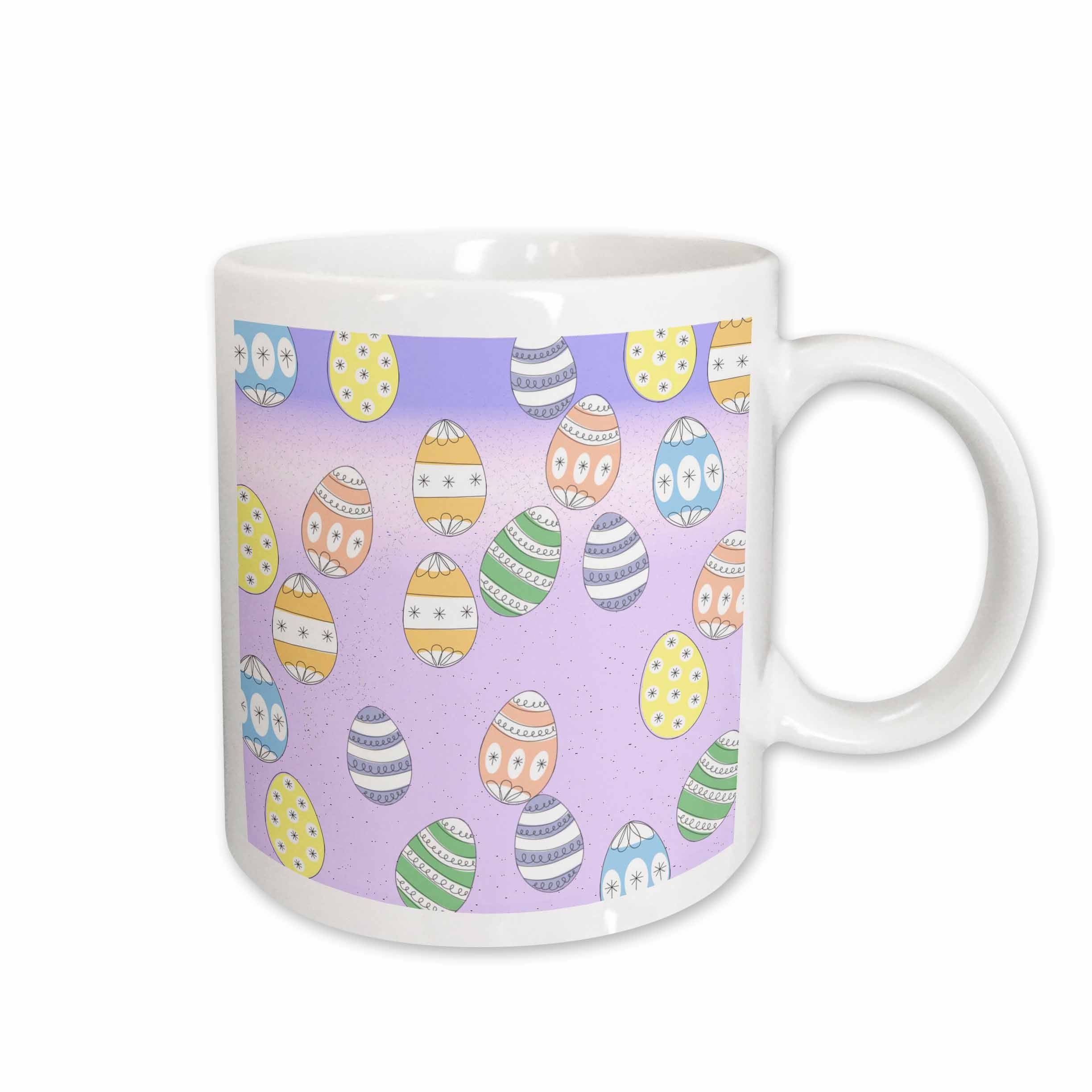 Easter egg pattern mug with white handle and body, purple background with colorful eggs