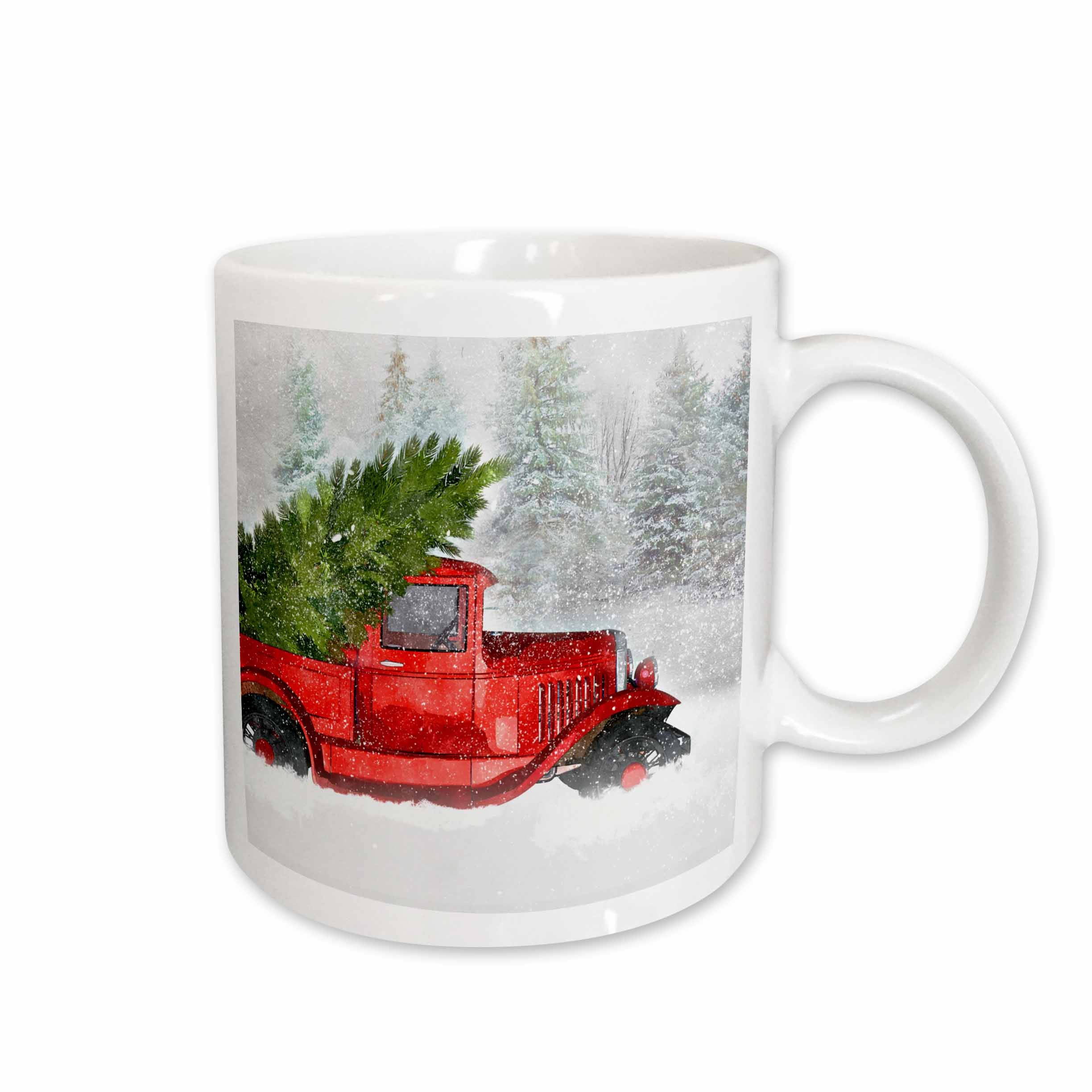 Ceramic mug with red truck and evergreen tree in snowy woodland scene